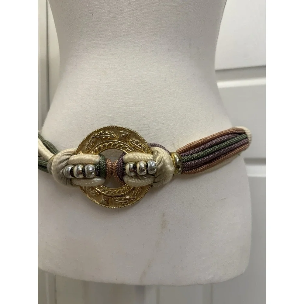 Vtg 80s Fashion Multi Colored Gold Disk Corded Beaded Stretch Belt M/L Statement